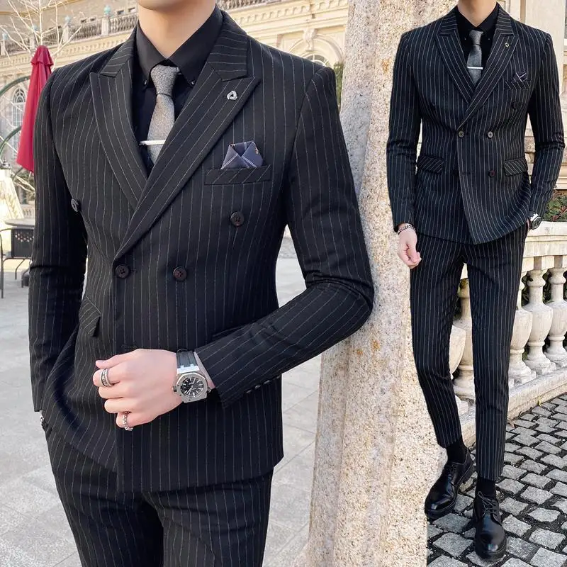 

2022 New Arrival Men Striped Fashion Slim Fit Suit Two Pieces Set Male Double Breasted Formal Business Blazer Clothing H276