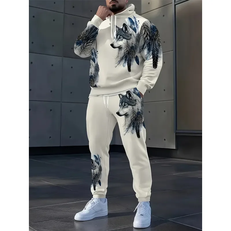 Men Off‑White Feather Wolf Head 3D Print Hoodie Set Unique Animal Graphic Jogger Pants 2‑Piece Outfit