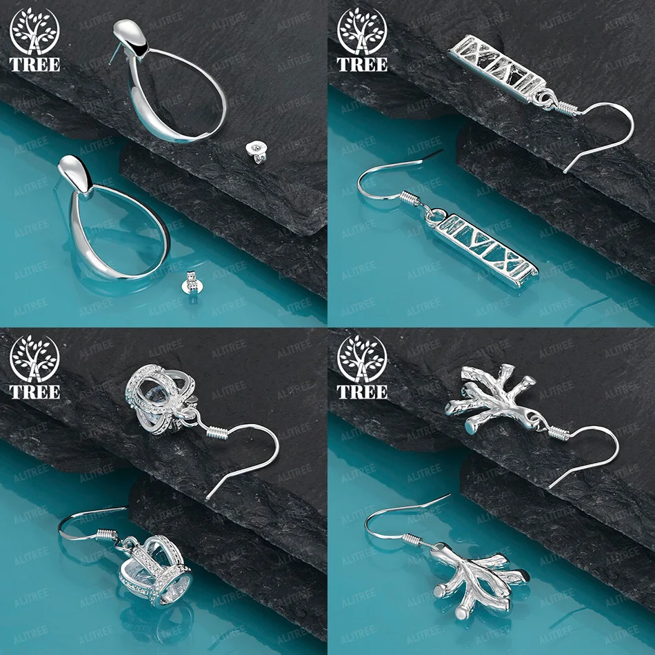 

New 925 Sterling Silver Crown Hollow Water Drop Wood Rectangular Drop Earrings Women Christmas Party Trendy Jewelry Accessories