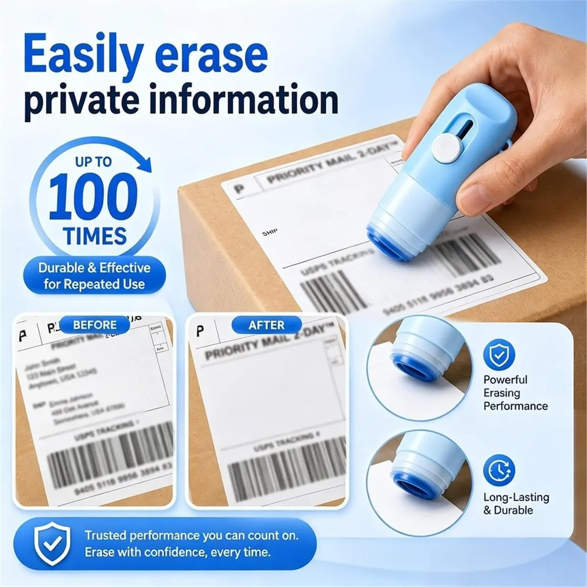 2-in-1 Box Cutter & Thermal Paper Eraser Pen- with Built-in UnboxingKnife for One Smear Printed Text Covering on Labels