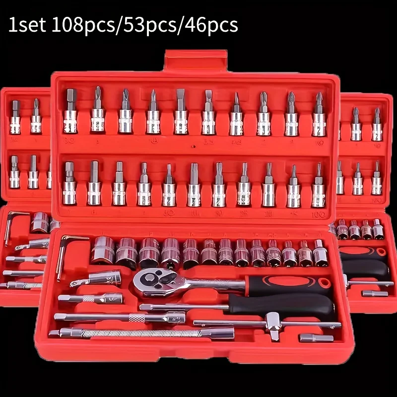 Ratchet Socket Wrench 108/53/46 Piece Set, Tool Repair, Automotive Toolbox, Multifunctional Set