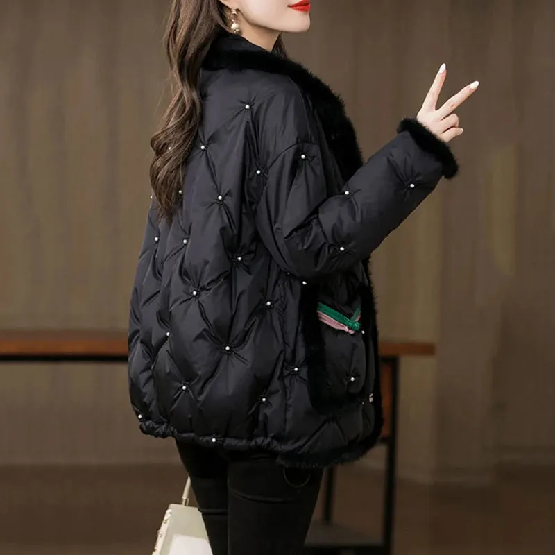 2024 New Winter Natural Mink Fur Down Jacket Women Short Embroidery Stand Collar Loose White Duck Down Coat Soft Warm Parker