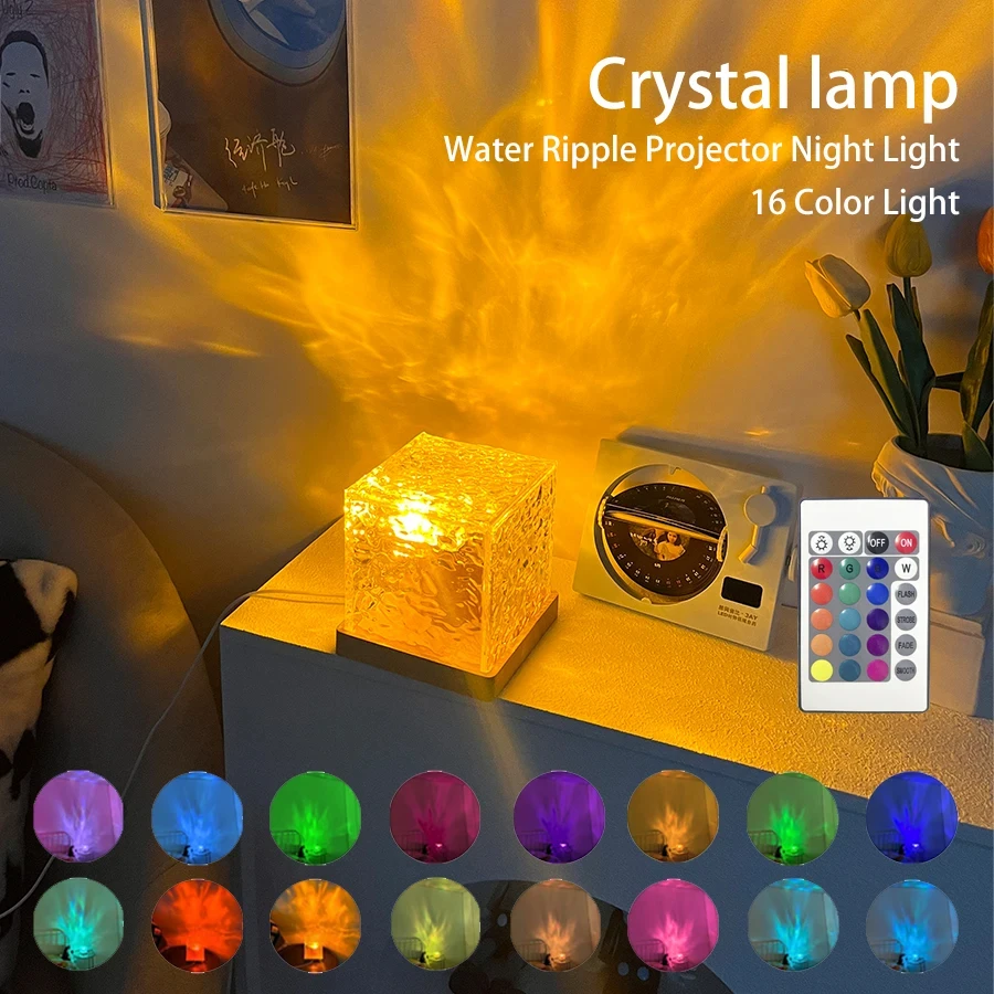 LED Água Ripple Atmosfera Luz Noturna, USB Rotativa Projeção, Candeeiro De Mesa De Cristal, RGB Regulável, Decoração Para Casa, 16 Cores, Presentes