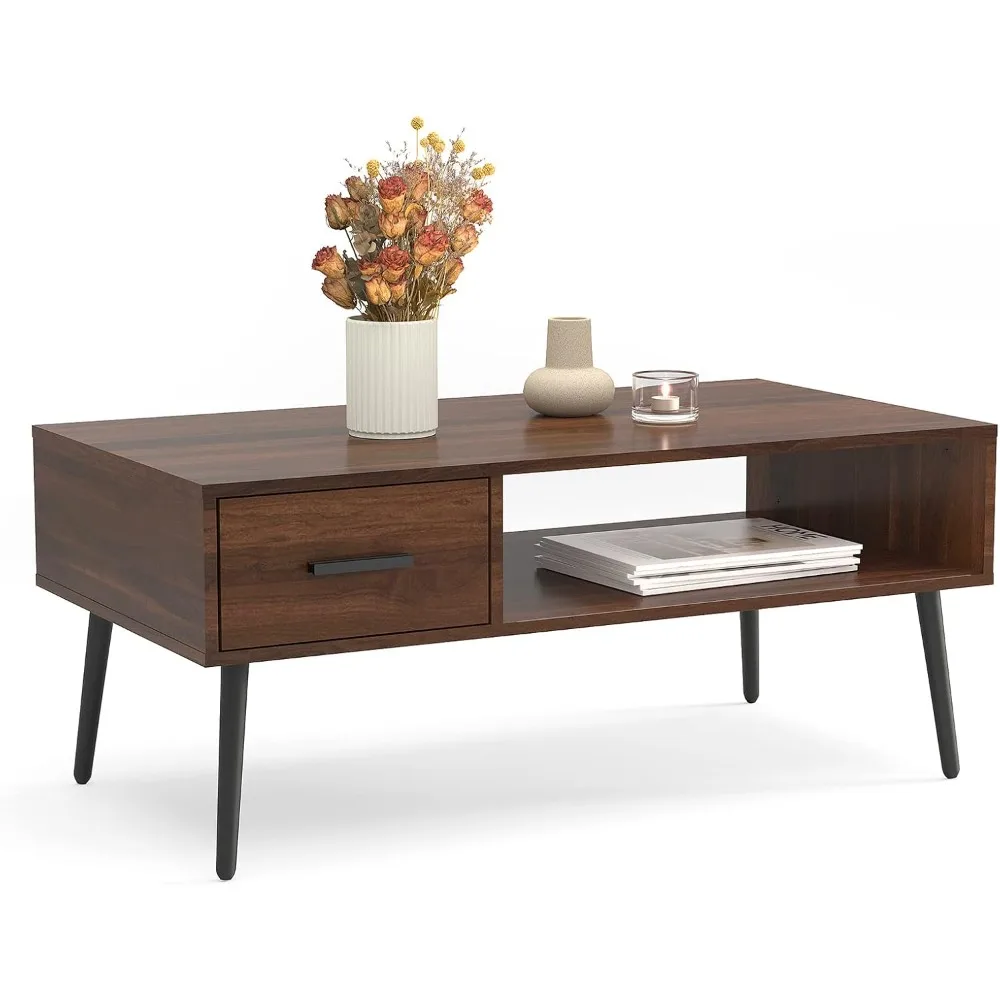 

HAIOOU Coffee Table, Mid Century Modern Style Cocktail Table TV Stand with Drawer, Open Storage Shelf, Stable Floor