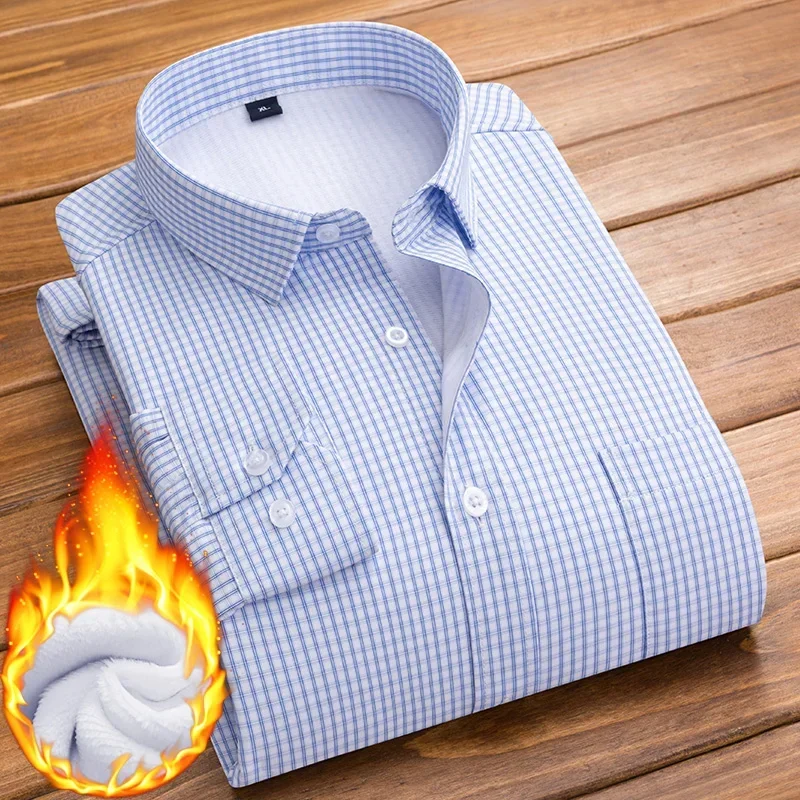 스트라이프 셔츠 남성 플리스 겨울 2023 플란넬 두꺼운 따뜻한 드레스 턱시도 정장 셔츠 캐주얼 긴팔 슬림핏 포켓 벨벳