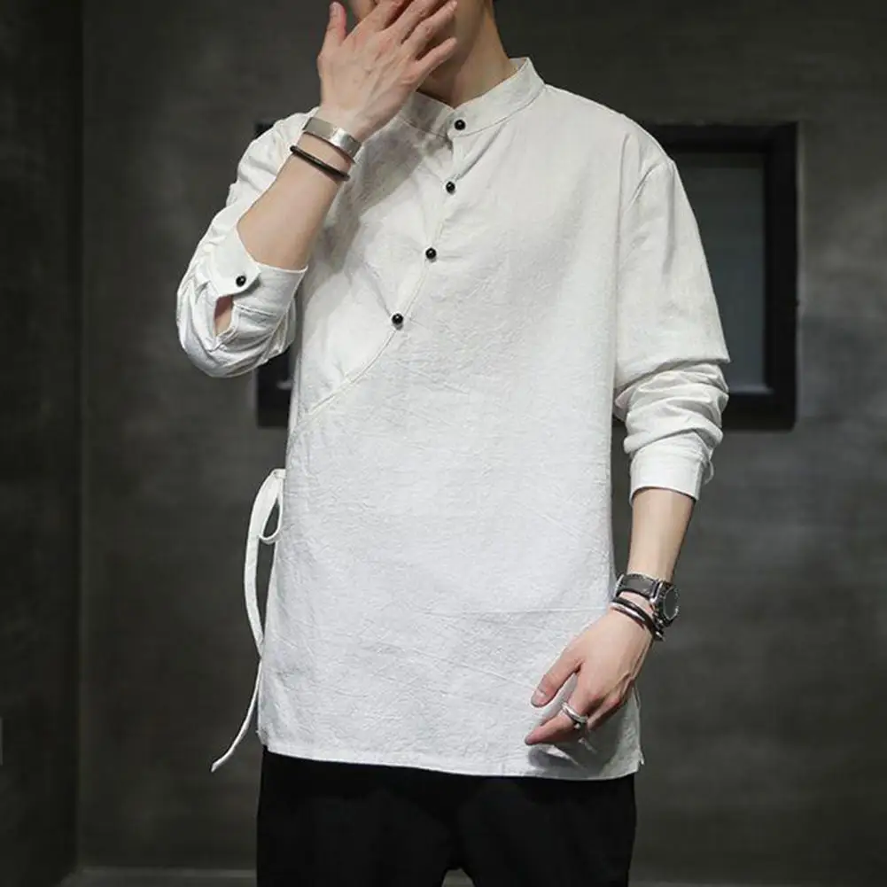 

Stand-up Collar Men Shirt Retro Ethnic Chinese Hanfu Style Men's Tang Suit Top with Stand Collar Lace-up Design Side Slit Loose