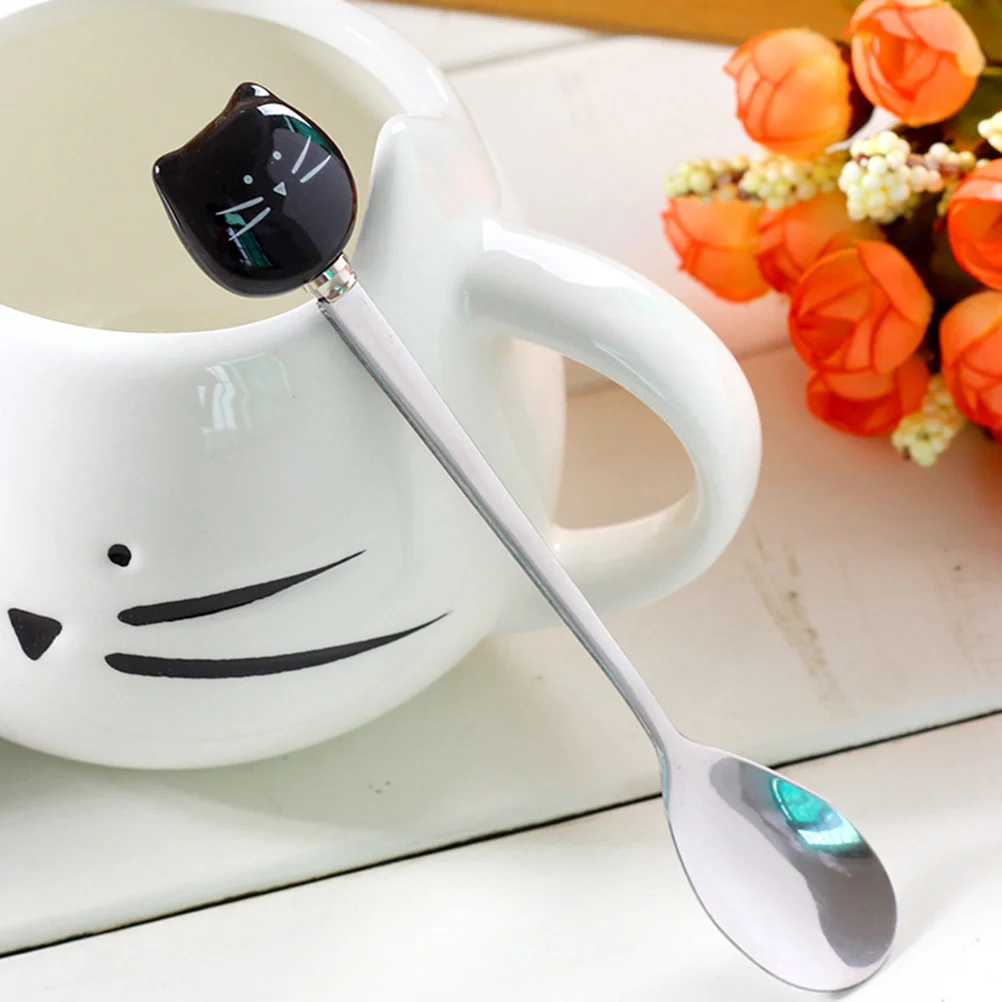 

1Pcs Cute Black Cat Spoon Ceramic Stainless Steel Small Spoons for Coffee Tea Milk Stirring Kids Adults Gift Small Spoon