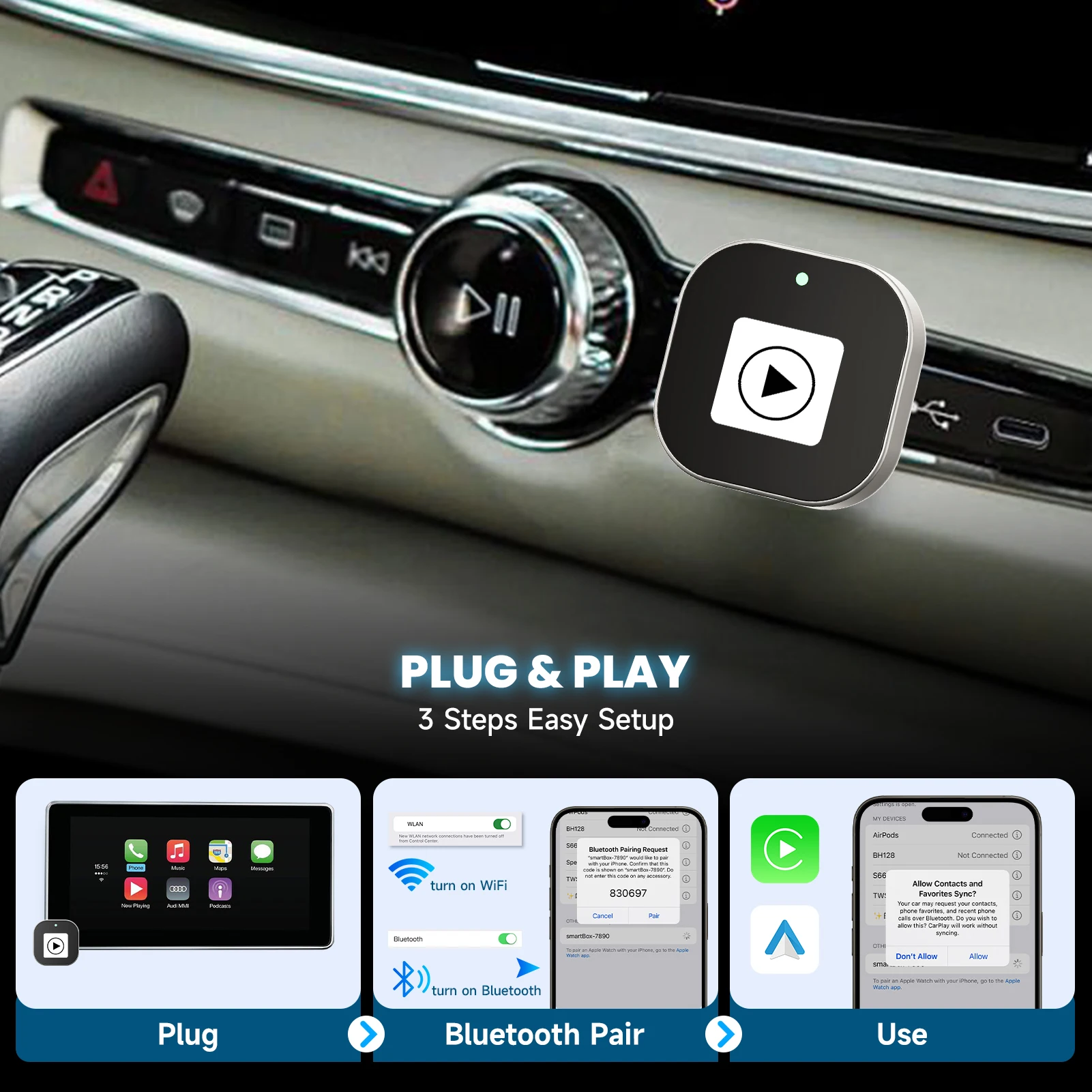Adapter 2 w 1 przewodowy na bezprzewodowy CarPlay Plug & Plug Auto Connect Konwertuje do przewodowych samochodów Kompatybilny z CarPlay i telefonem z systemem Android AUTO — zdjęcie 4