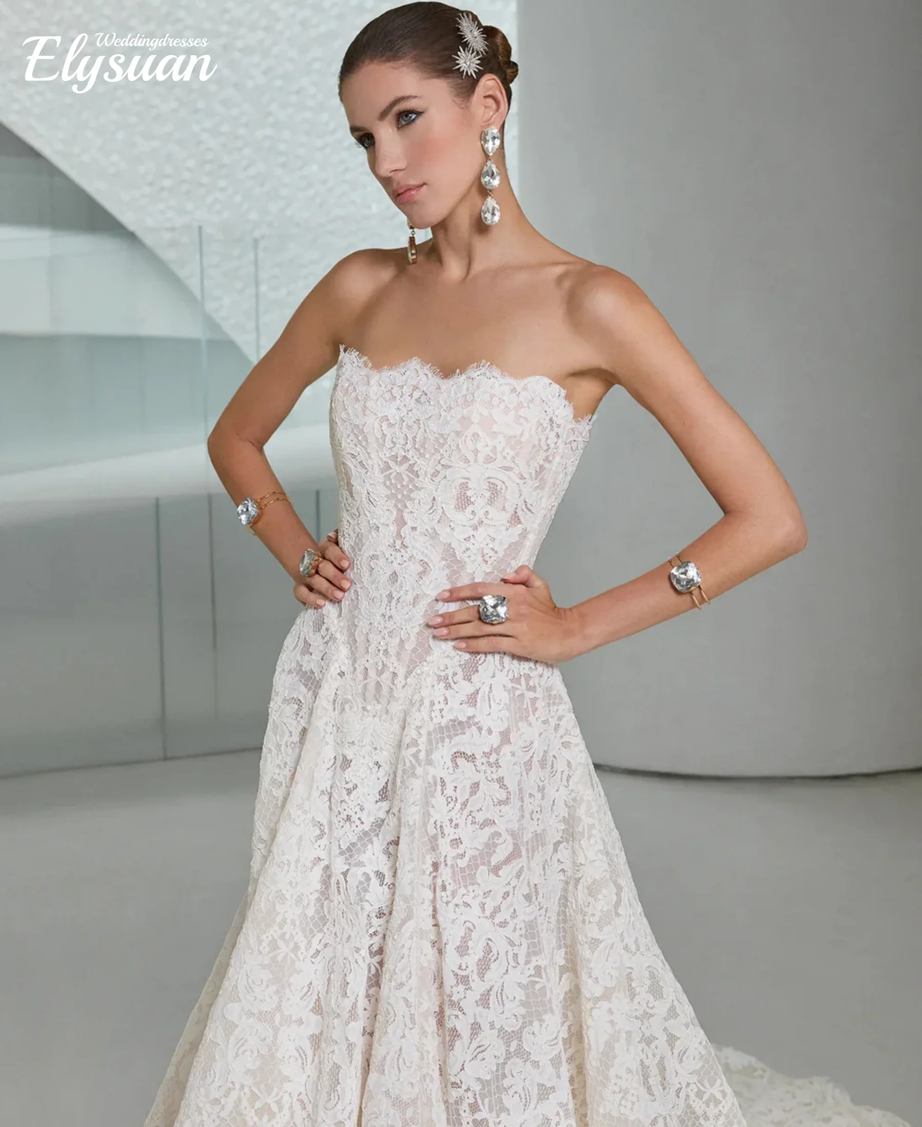 فساتين زفاف ساحرة مخصصة بدون حمالات دانتيل كامل على شكل حرف A سويب تراين فيستدو دي نويفال #2