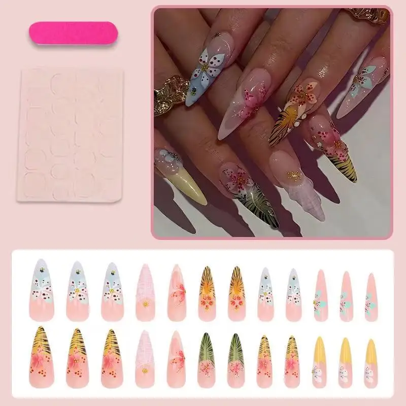 2026 New 24PCS 3D long pointed jungle style three-dimensional flower wearing nail fake nail nail art patch