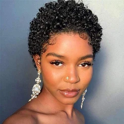 Short Curly Hair Wigs Pixie Cut Remy Brazilian Human Hair Wigs For Black Women 180% Density Machine Made  Afro Kinky Curly Wig