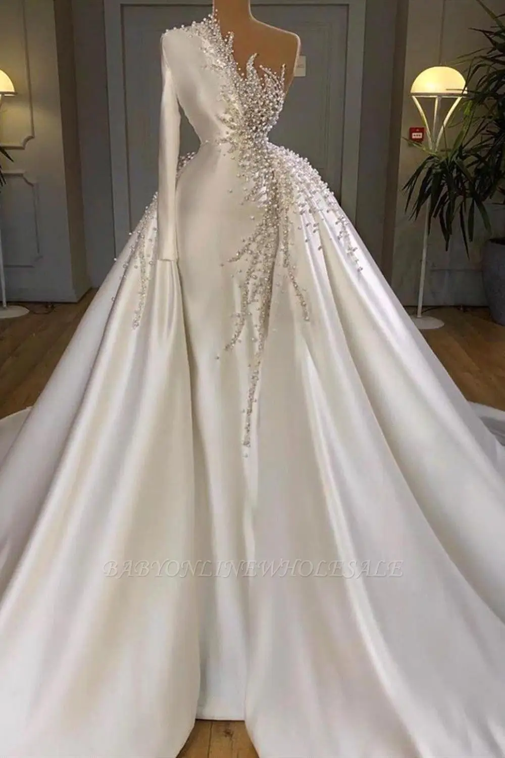 One Shoulder Pearls Crystal Wedding Dresses Women Luxury Satin Beading Bridal Gown Formal Occasion Evening Vestido De Novia