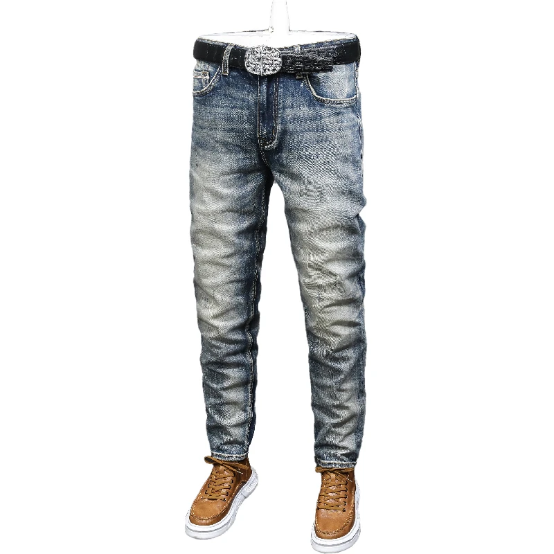 Red-Ear Denim Autumn Men's Jeans 2024 New Street American Retro High-End Washed Old Slim Fit Ankle Tight Trousers