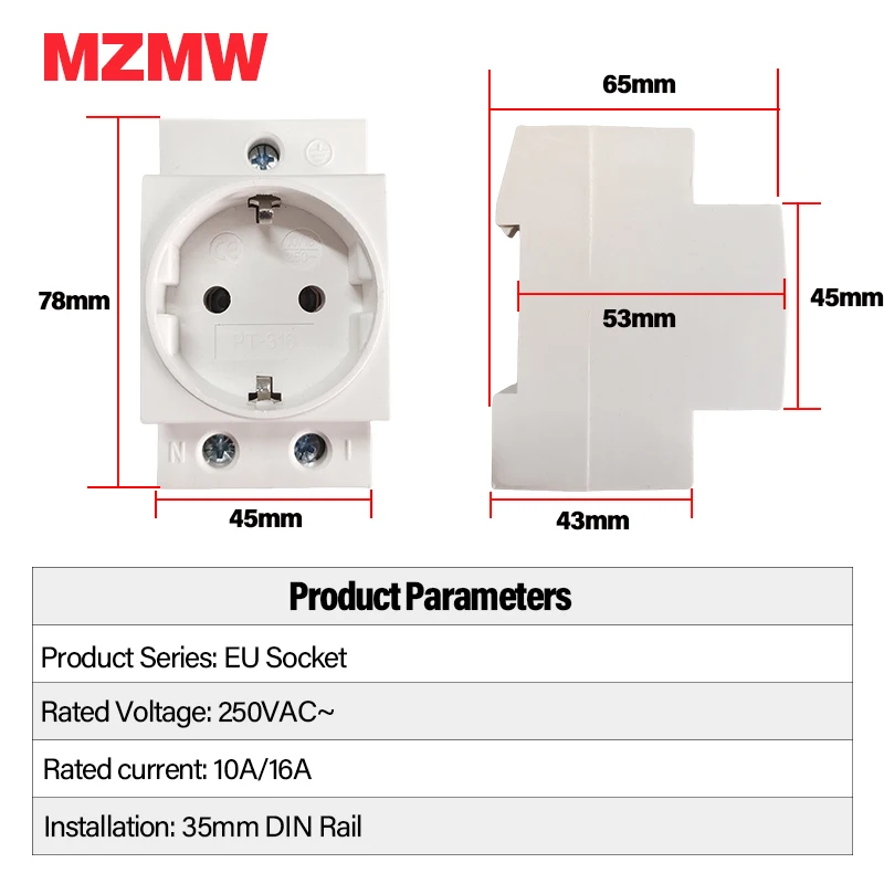 MZMW EU 35mm Modular Din Rail Power Socket Plug 10A 16A 250V AC Industrial Residential General-Purpose Adapter Connector CE