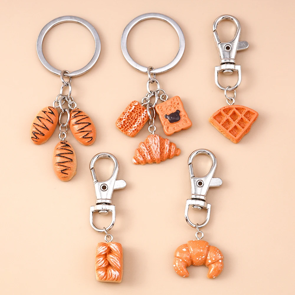 New Resin Waffle Croissant Bread Keychain Simulation Food Key Ring Pendants for Women Girls Handbag Decor DIY Jewelry Gifts