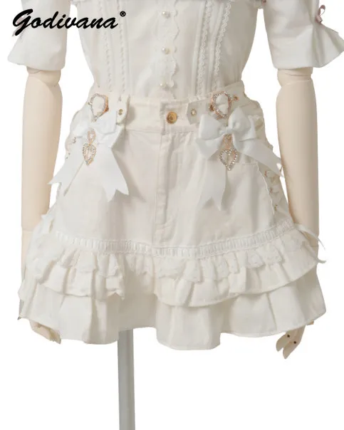 Japanese Liz Sweet Rhinestone Bowknot Lolita Denim Skirt New Summer Female Girls High Waist Lace Stitching Short Skirts