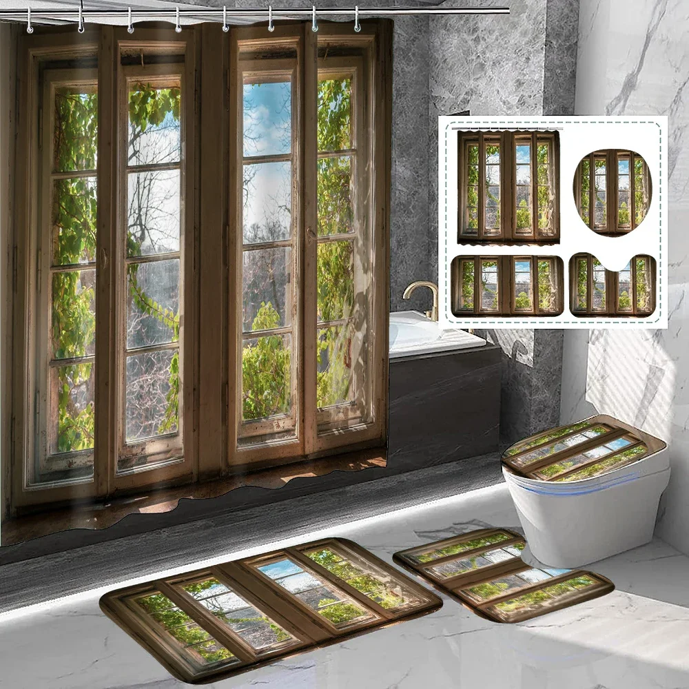 

1 set of wooden window forest scenery printed shower curtains, retro natural farmhouse style, with 12 hooks and bathroom floor m