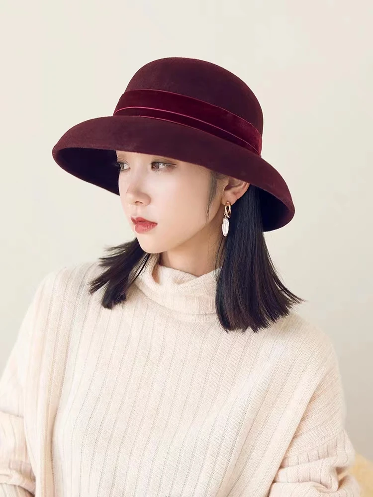 Autumn and Winter 100% Wool Hat Bell Hat Women\'s French Elegant Retro Hepburn Round Top Big brim Hat