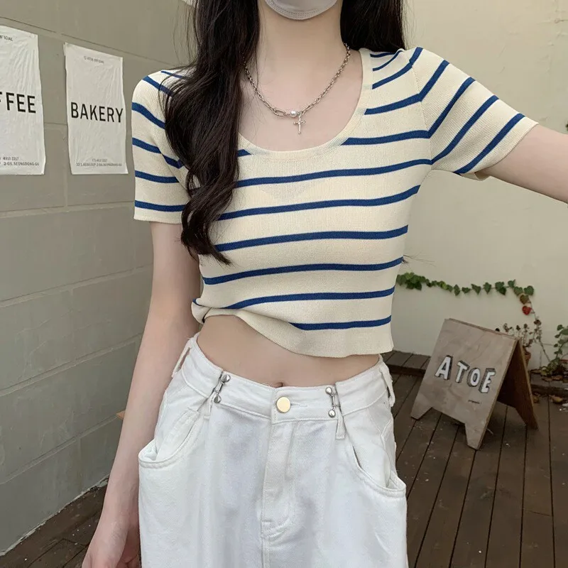 

Slim Fit ort Sve Knitted T-irt Women's Trendy Summer New Sle Base irt Briti Commute Sle Stripe Pattern
