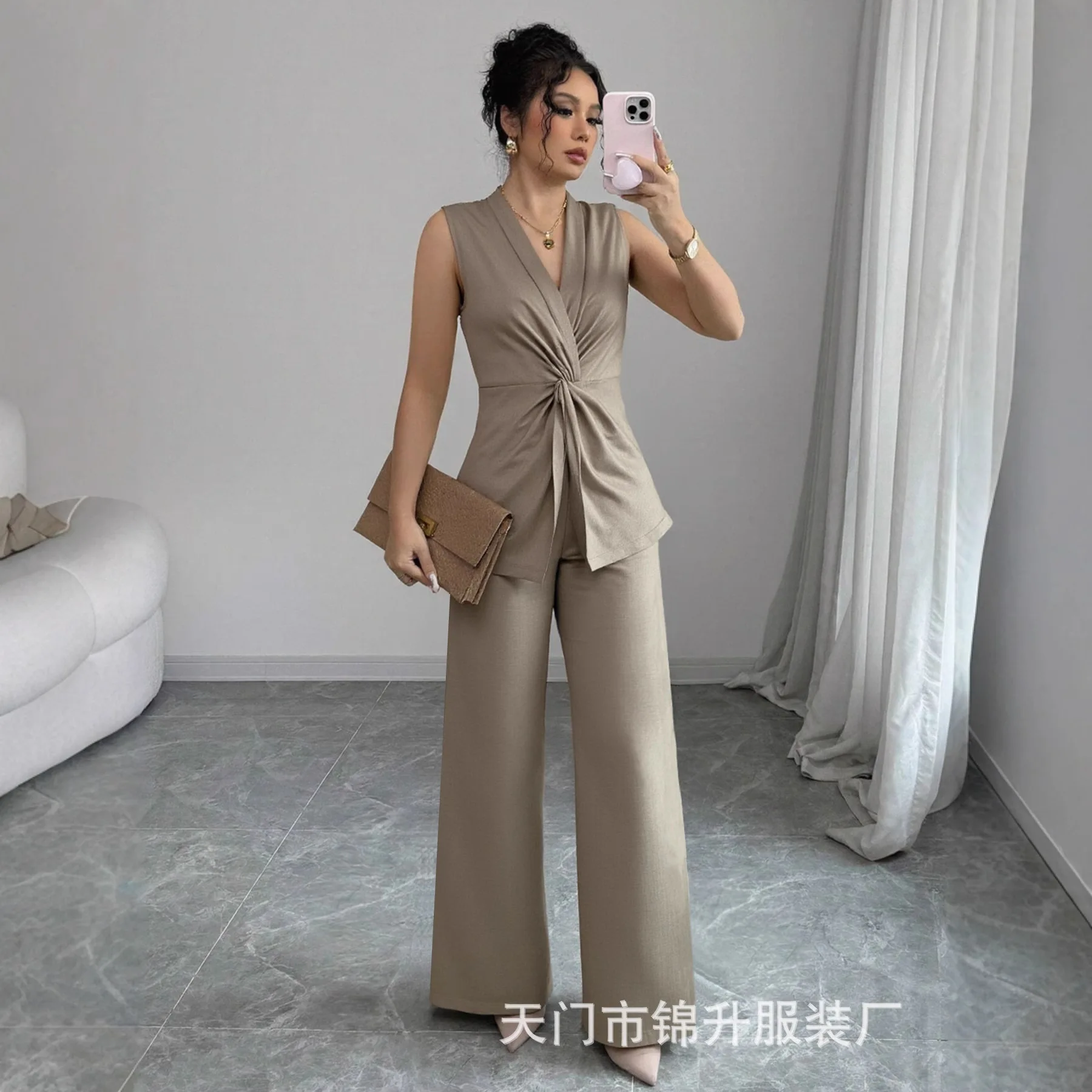 Conjunto de dos piezas para mujer: Top sin mangas con cuello en V y nudo, y pantalones ajustados de alta gama, vestido largo de verano, ropa sexy con tiras.
