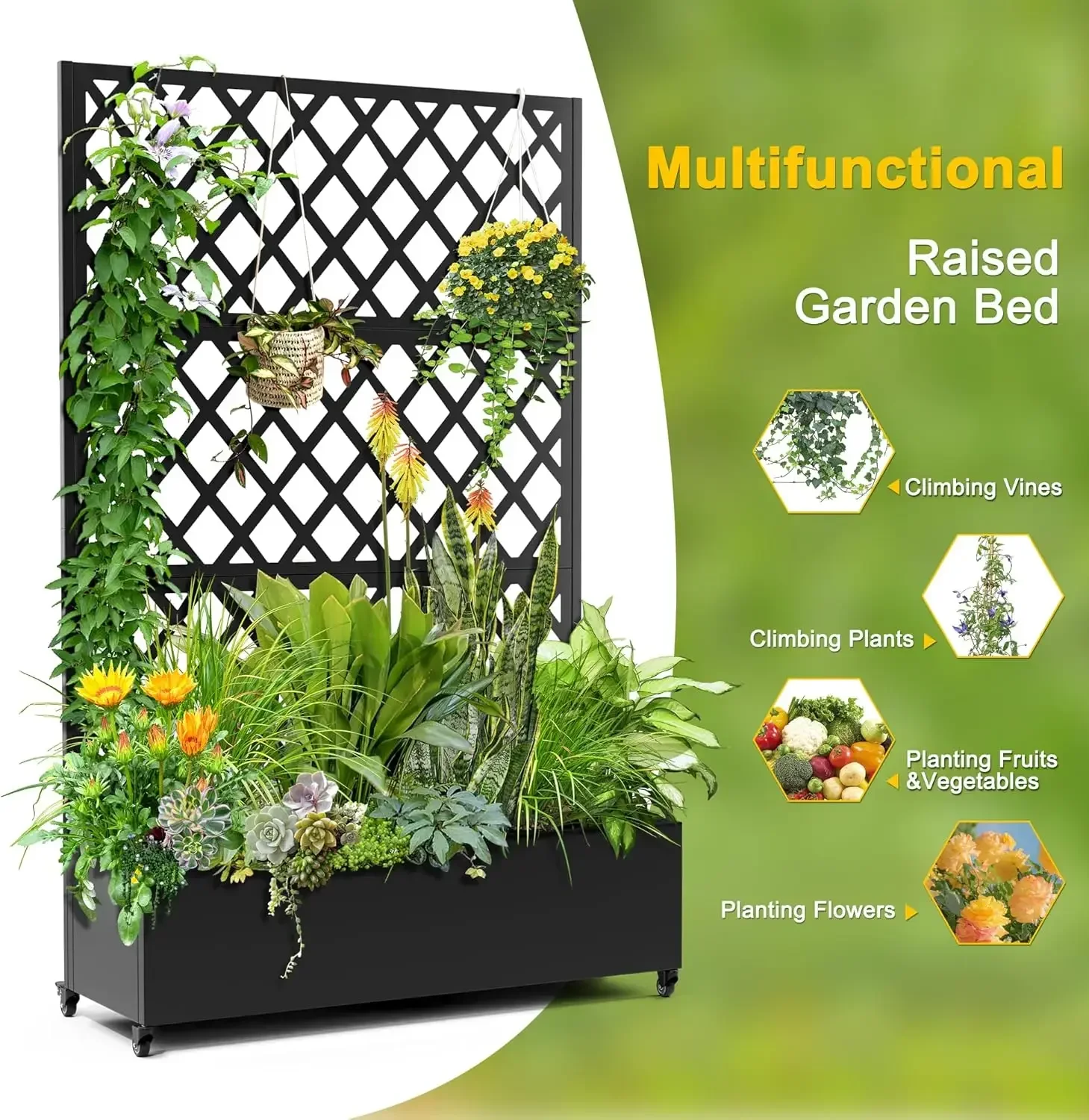 Metal Planter Box with Diamond Lattice Trellis Planter Box for Climbing Plants/Vines, Garden Bed with Trellis(73"x47" Black)