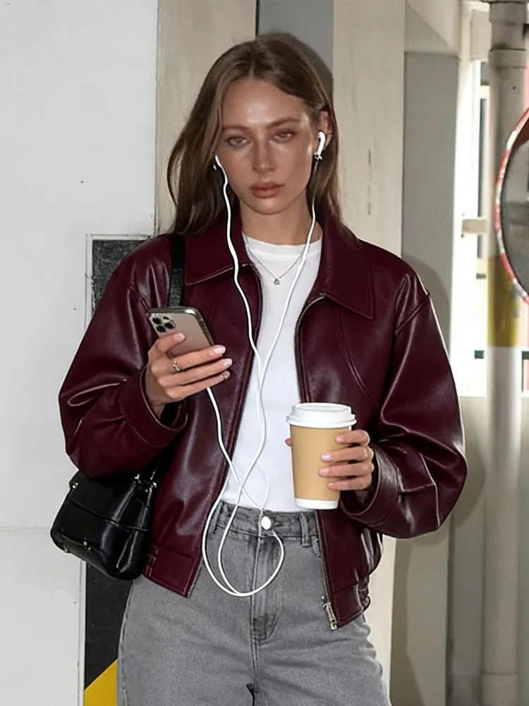 Weird Puss PU Crop Jacket Women Fall Wild Trend Gothic Punk Elegant Waist Zip Full Sleeve Casual Streetwear Simple Classic Coat