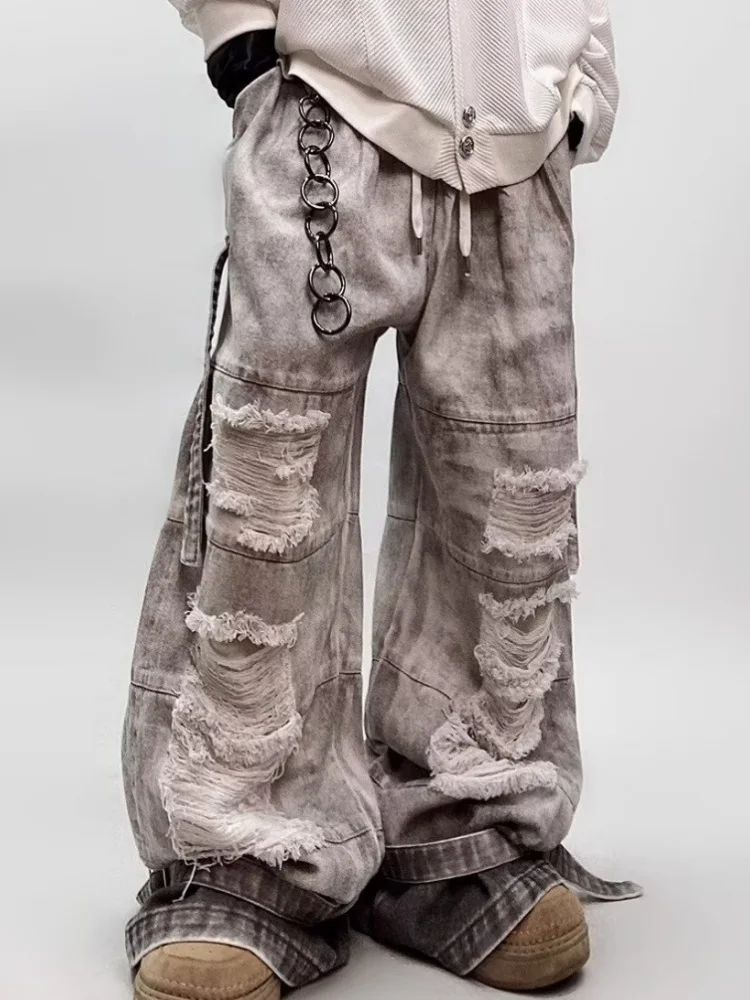 

2025 Ropa Y2K Grunge Streetwear Vintage Grey Baggy Ripped Jeans Pants For Men Clothing Wide Leg Long Trousers Pantalones Hombre