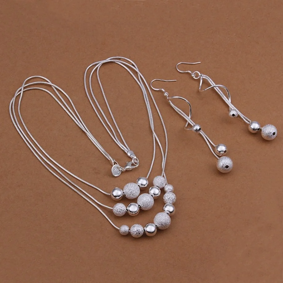 

fashion solid 925 Sterling Silver Christmas gift women lady wedding European style retro bead necklace Earrings jewelry Set