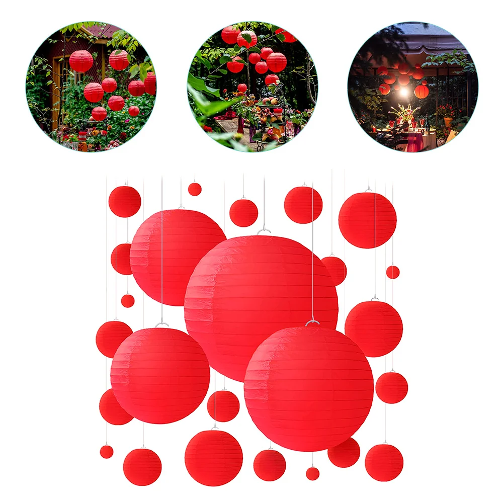 

25pcs Hanging Paper Lantern Decor Round Red For Wedding Birthday Festival Holiday Outdoor Garden Decoration Party