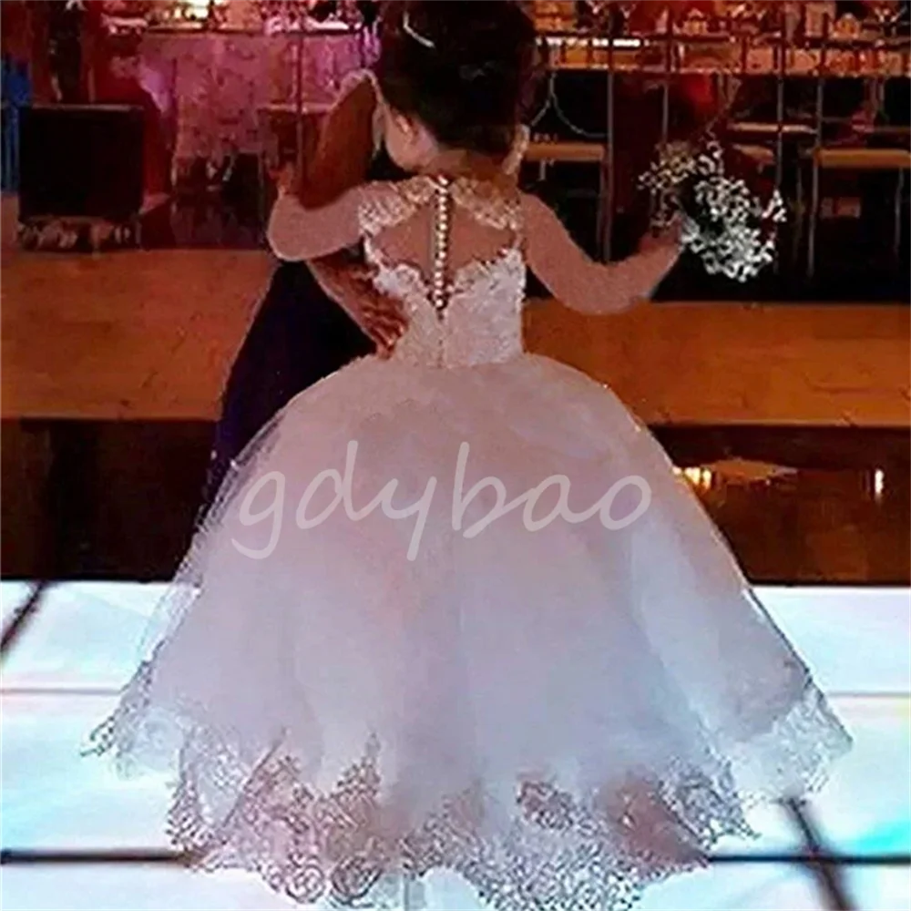 Apliques de encaje con incrustaciones de diamantes para niña, vestidos de niña de flores blancas, vestidos de princesa de tul sin mangas, vestidos de fiesta de primera comunión