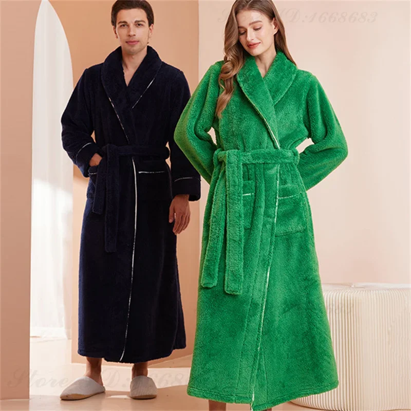 Autumn Winter Coral Fleece Robe Double Sided Thicken Flannel Couple\'s Long Home Clothes Long Bathrobe Sleepwear Loose Loungewear