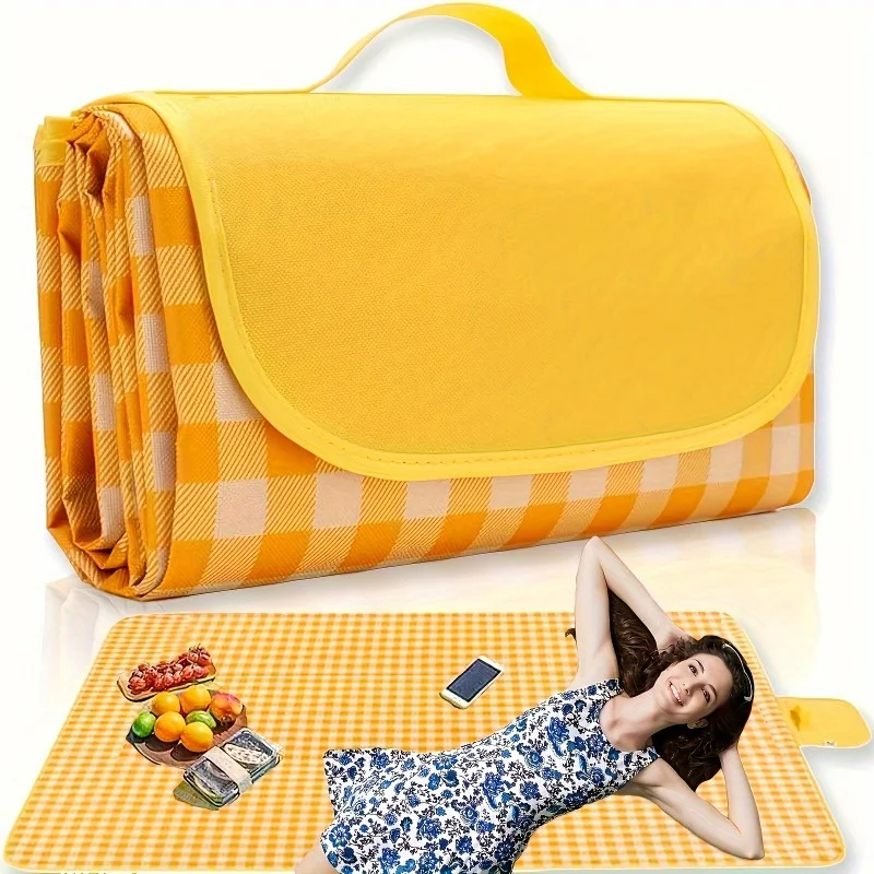 Foldable Sand Resistant Picnic Blanket, Yellow White Checkered with Orange Edge, Lightweight Outdoor Mat for Camping Use