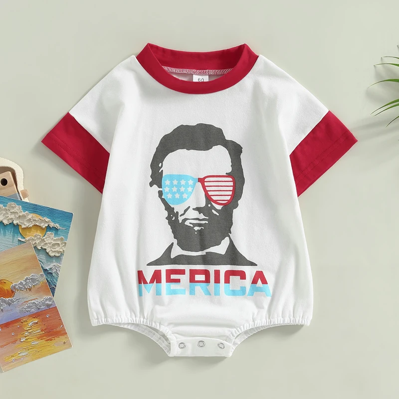 

2024-03-11 Lioraitiin Baby Girls Boys Independence Day Romper Short Sleeve Crew Neck Letters Portrait Print Summer Jumpsuits