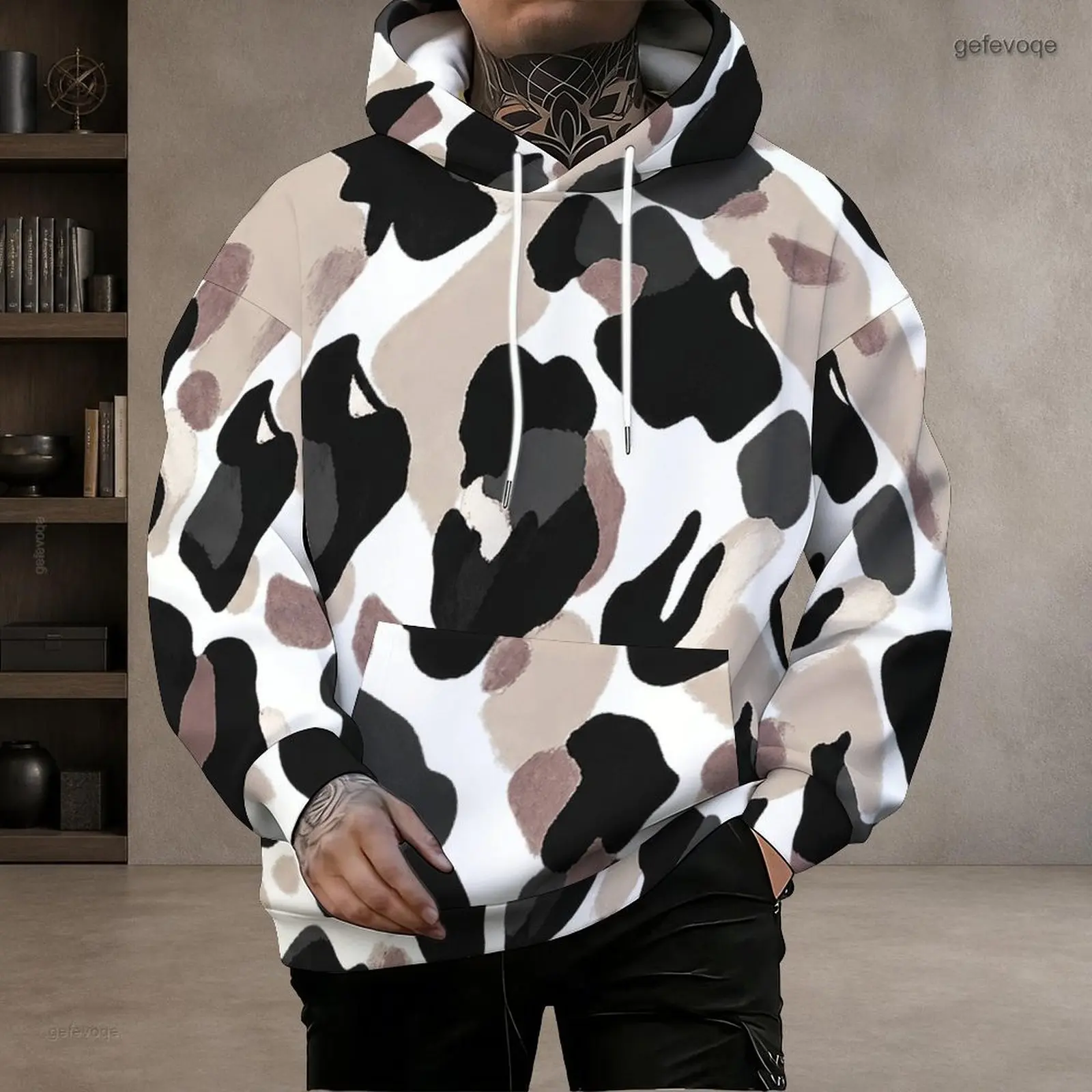 Men Printed Abstract Camouflage Pullover Hoodie Long Sleeve with Drawstring Hood Kangaroo Pocket