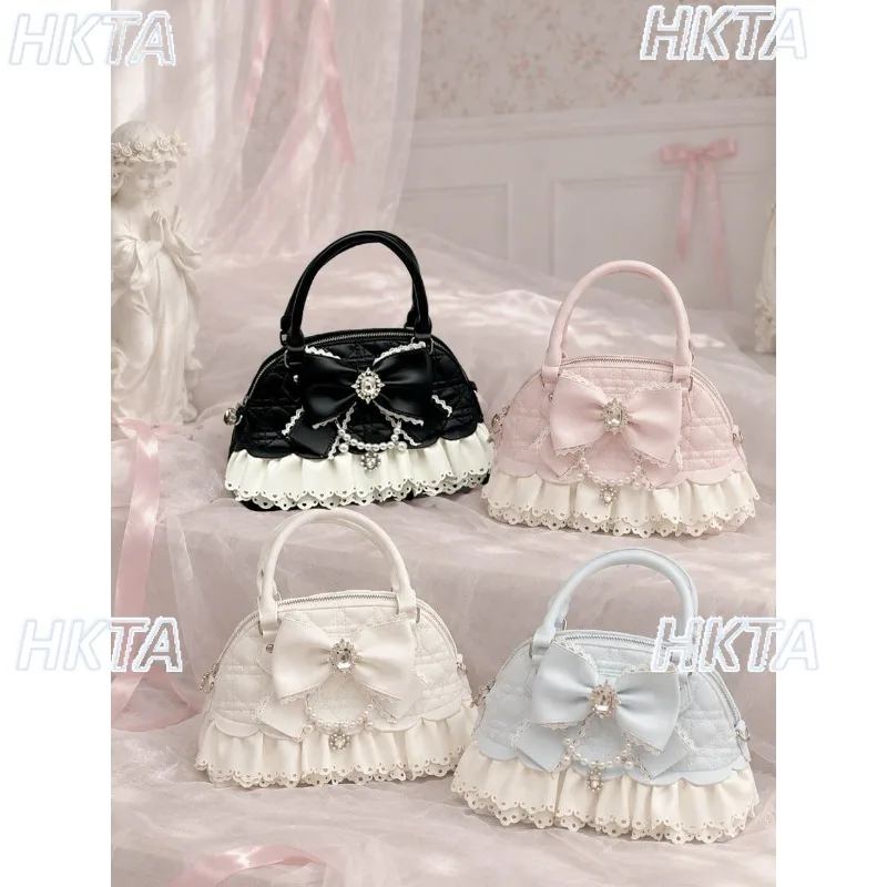 Japanese Style Cute Rhombus Shoulder Handbag Women Princess Lace Lolita Bag Girls Sweet Bow Pearl Underarm Mini Backpack Bag