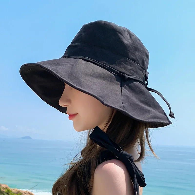 Summer New Women Bucket Hat Solid Color Bows Soft Cotton Outdoor Sun Hats Beach Panama Caps Wide Brim Fishermen Hats