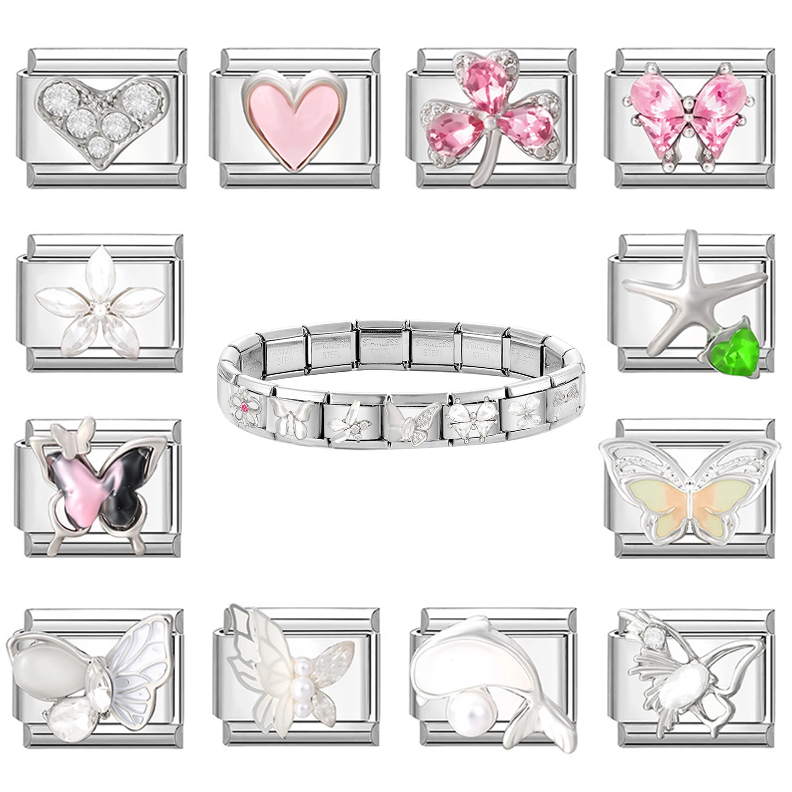 

Y2K Zircon Bow Heart Butterfly Flower Dolphin Italian Charm Links Fit 9MM Stainless Steel Bracelet Women Jewelry DIY Making Gift