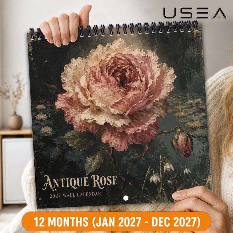 2027 Wall Calendar,Hanging Antique Rose Botanical Floral Calendar,US Holidays & Moon Phases,Aesthetic Boho Farmhouse Decor& Gift