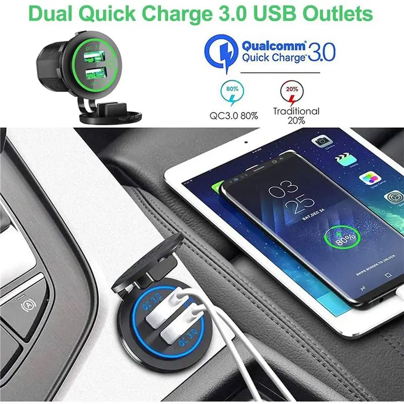 Strange 4X QC 3.0 Dual USB Socket,Waterproof 12V/24V USB Outlet With Touch-Switch For Car, Marine,Boat,Motorcycle,Green