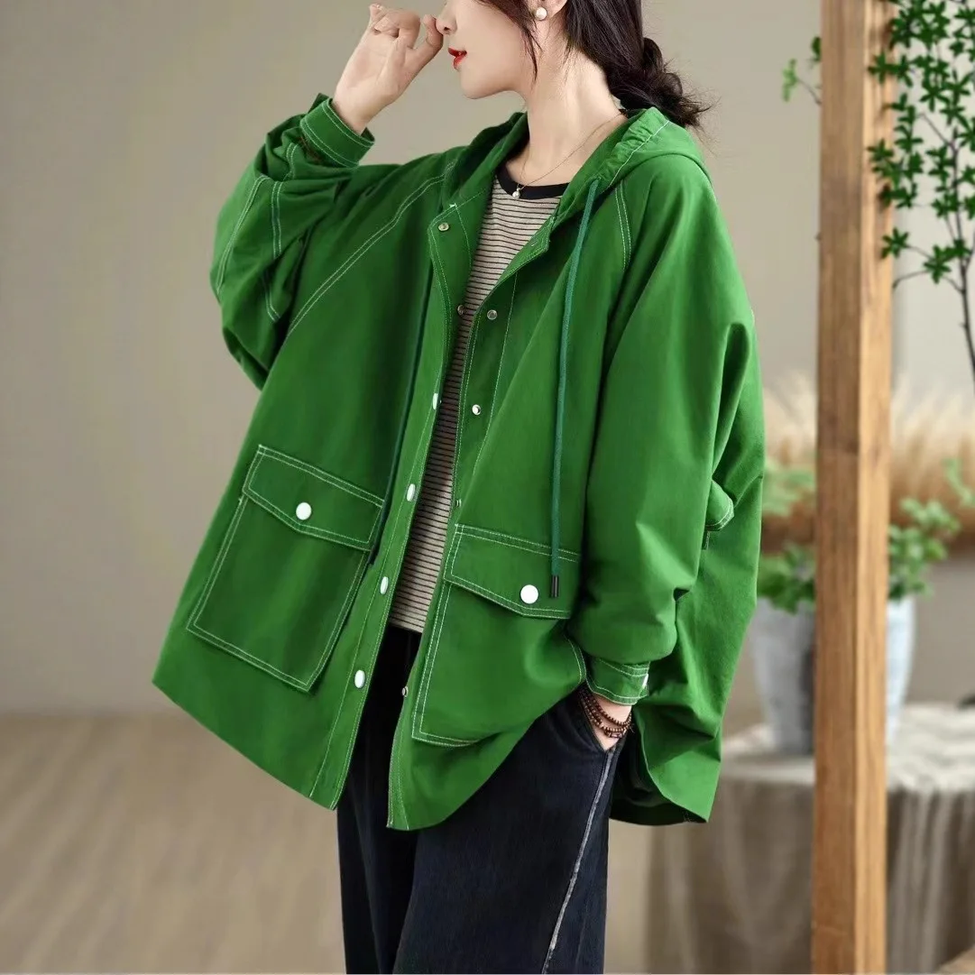 

VANOVICH 2025 Autumn New Bright Line Hooded Trench Coat Loose Three-dimensional Splicing Casual Coat