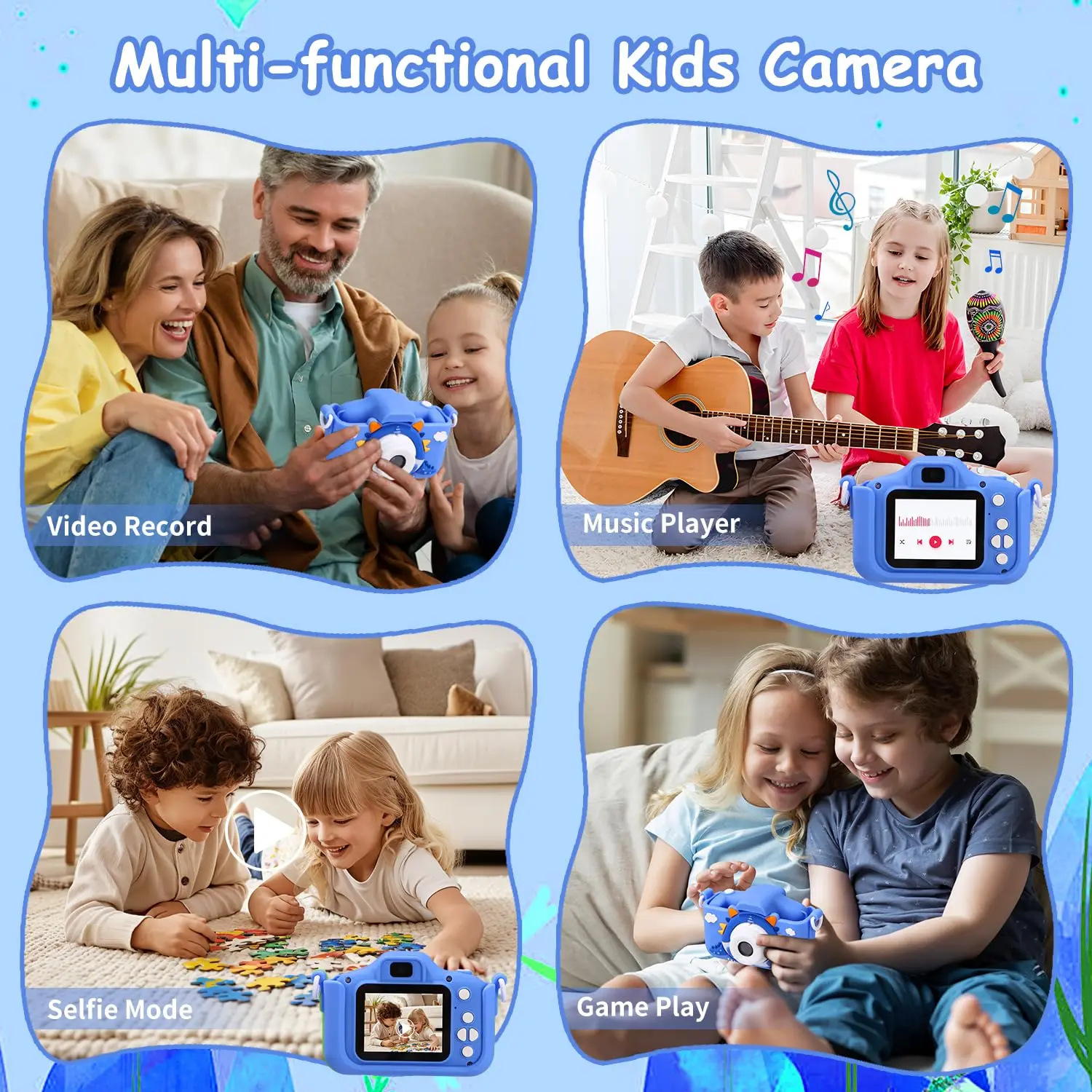 Câmera infantil com câmeras dianteiras e traseiras duplas 48MP 1080p HD câmeras dianteiras e traseiras duplas, cinco jogos educativos Natal, Hallo