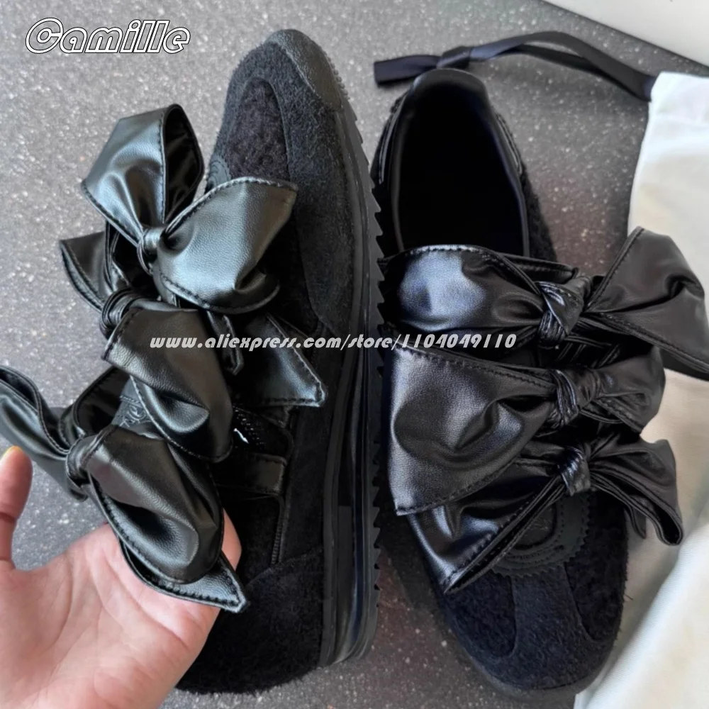 Retro Mixed Color Bow Knot Suede Flat Vulcanized Shoes Round Toe Silk Casual Lady Shoes Autumn New Size 36-40 Training Shoes