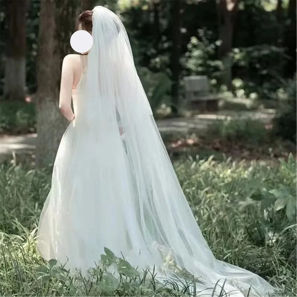 أنيقة المرأة 3M قطع حافة 2 طبقات الزفاف الحجاب الزفاف الأبيض زائدة طويلة لينة شير بسيطة تأثيري صور الملحقات #5