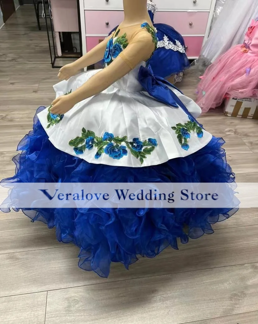 Blue Baby Ball Gown Embroidery Children Princess Dress Removable Train Mini Pageant Birthday Party Dress Girl Flower Gowns