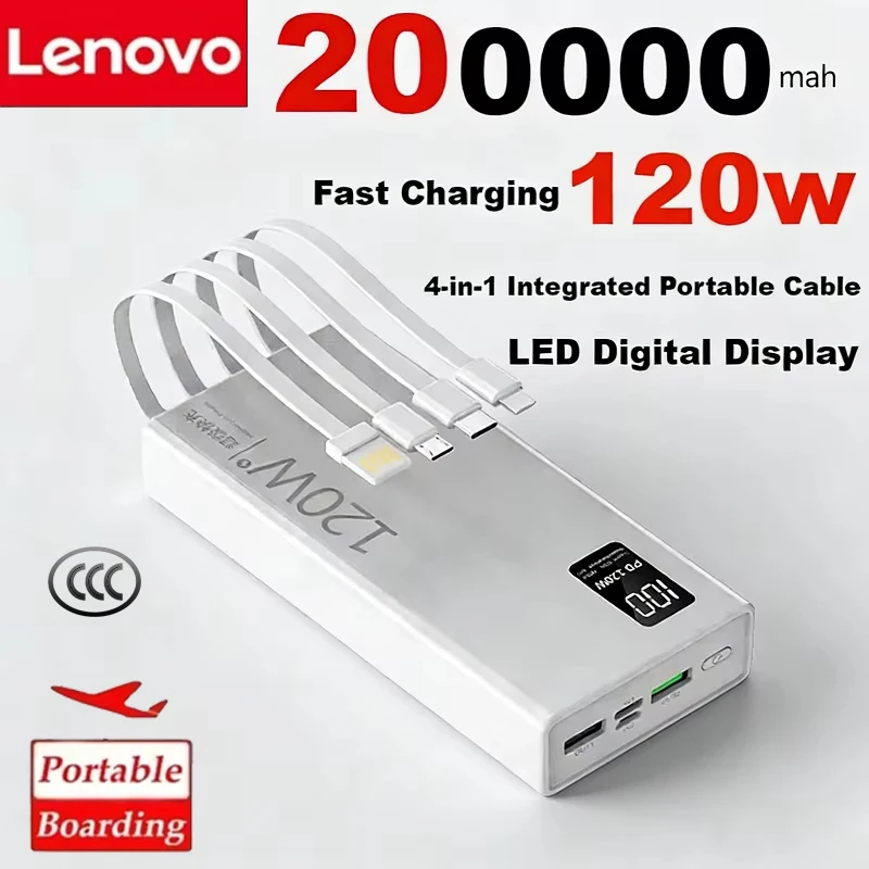 Lenovo 4-in-1 Power Bank 120W 500000mAh 3C Certification High Capacity With Cables Super Fast Charging Travel Portable Charger 