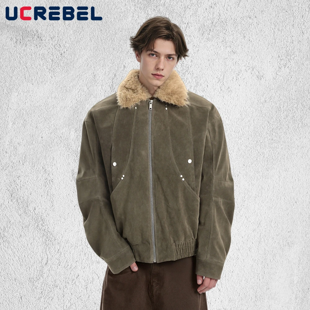 

Retro Spliced Suede Down Jacket Mens Multi-Pocket Winter Warm High Street Fur Collar Long Sleeve Loose Padded Jacket Man