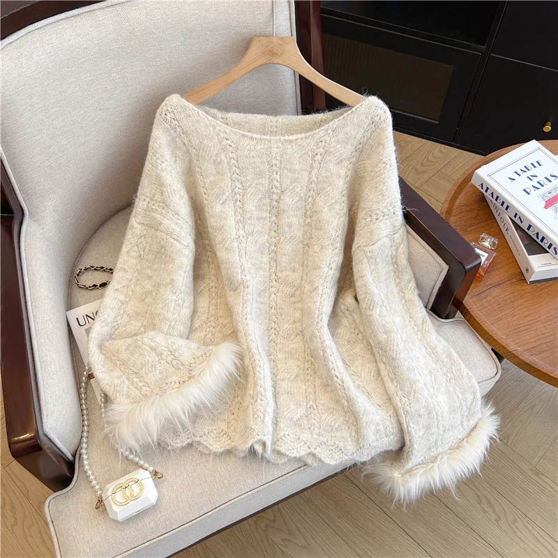 

Mohair pullover sweater jacket for autumn and winter plus size women's lazy style knitted sweater with flared sleeves top