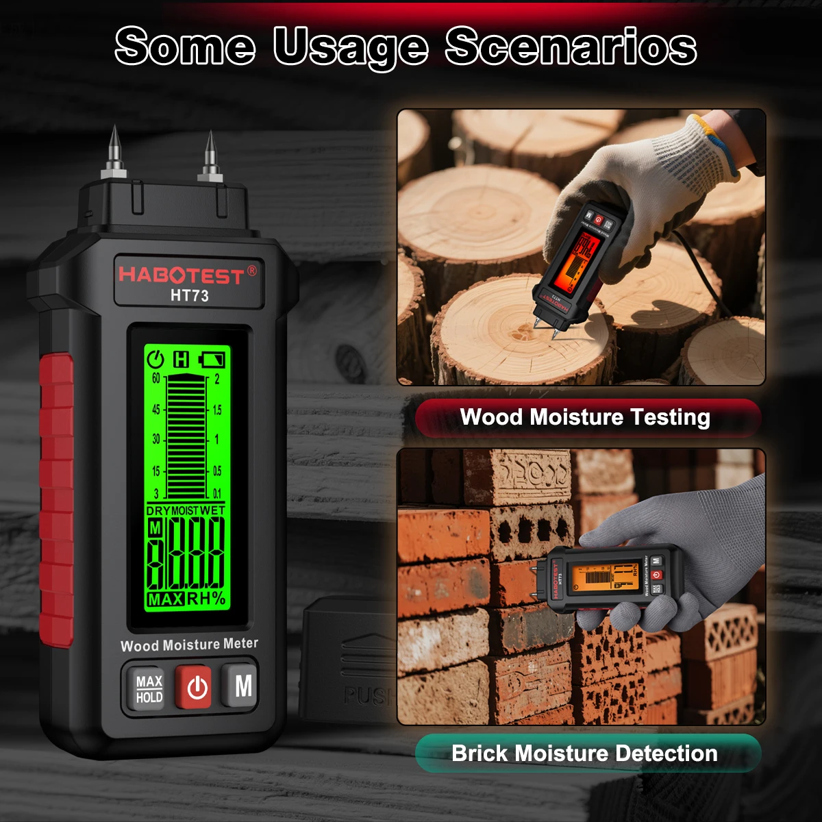 HT73 المهنية الرقمية الخشب مقياس الرطوبة 0-99.9% اختبار محتوى الرطوبة اثنين دبابيس الرقمية الرطوبة محلل الرطوبة