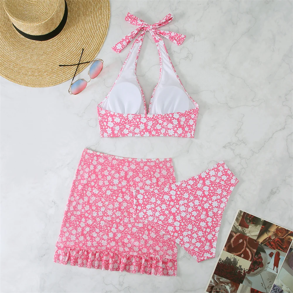 Conjunto de Bikinis florales bonitos para mujer, traje de baño Bandage con realce, traje de baño Retro Y2K, traje de baño de 3 piezas para playa, Maillot de Mayo para mujer