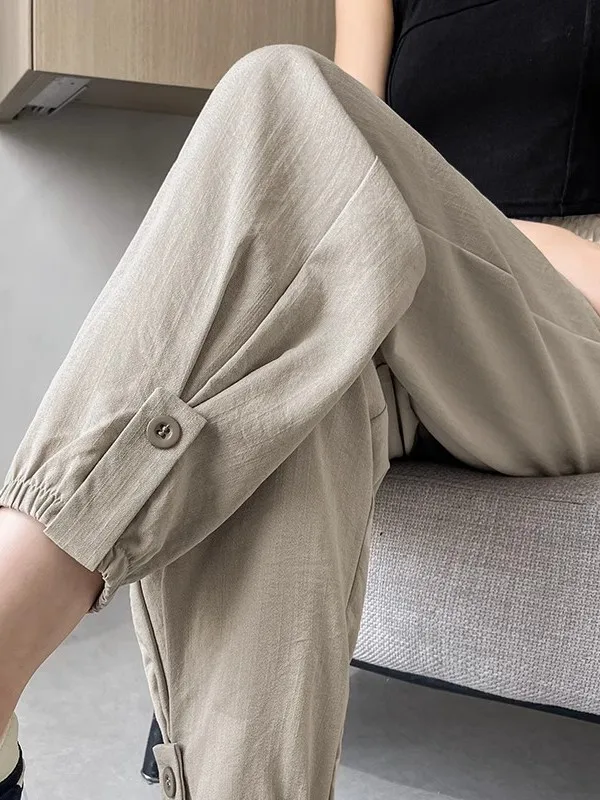 

Cotton Linen Sports Pants Women's Summer Thin Large Size Casual Harlan Lantern Pants High Waist Elastic Waistband Color